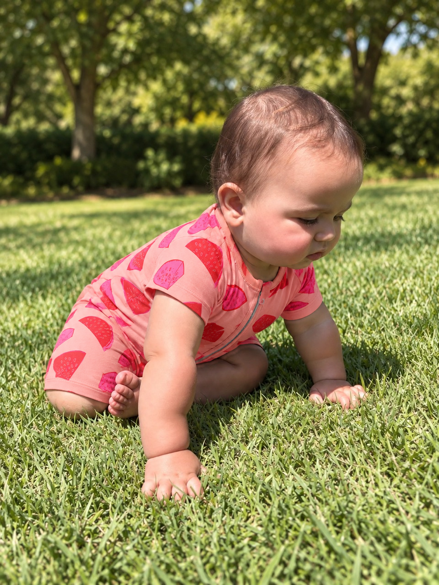 Jordan wearing the Watermelon Slice Shortie Romper