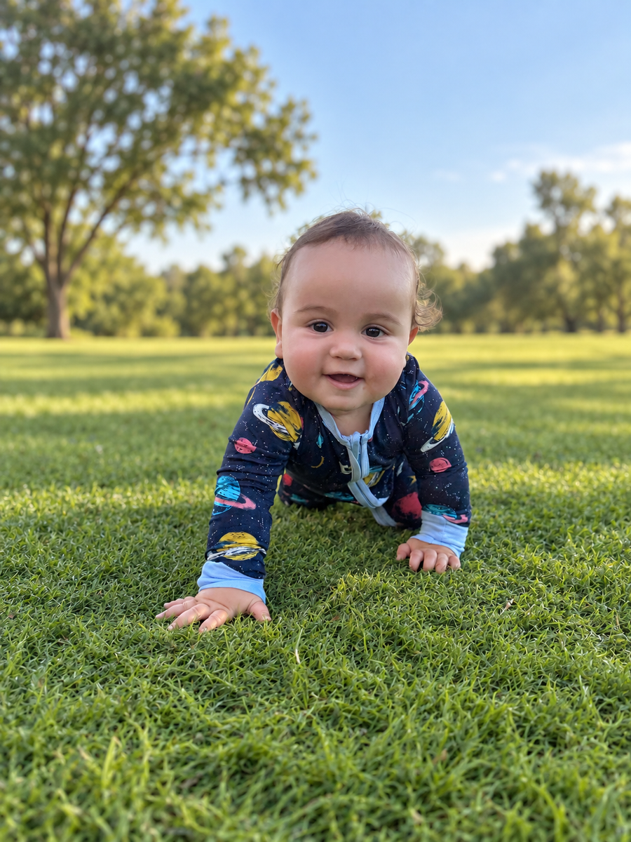 Jordan modeling the Midnight Galaxy Romper by GentleNest Co.
