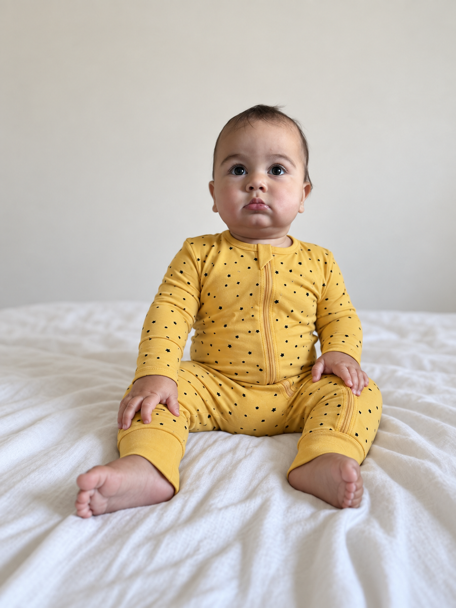 Jordan modeling the Mustard Dots Romper by GentleNest Co.