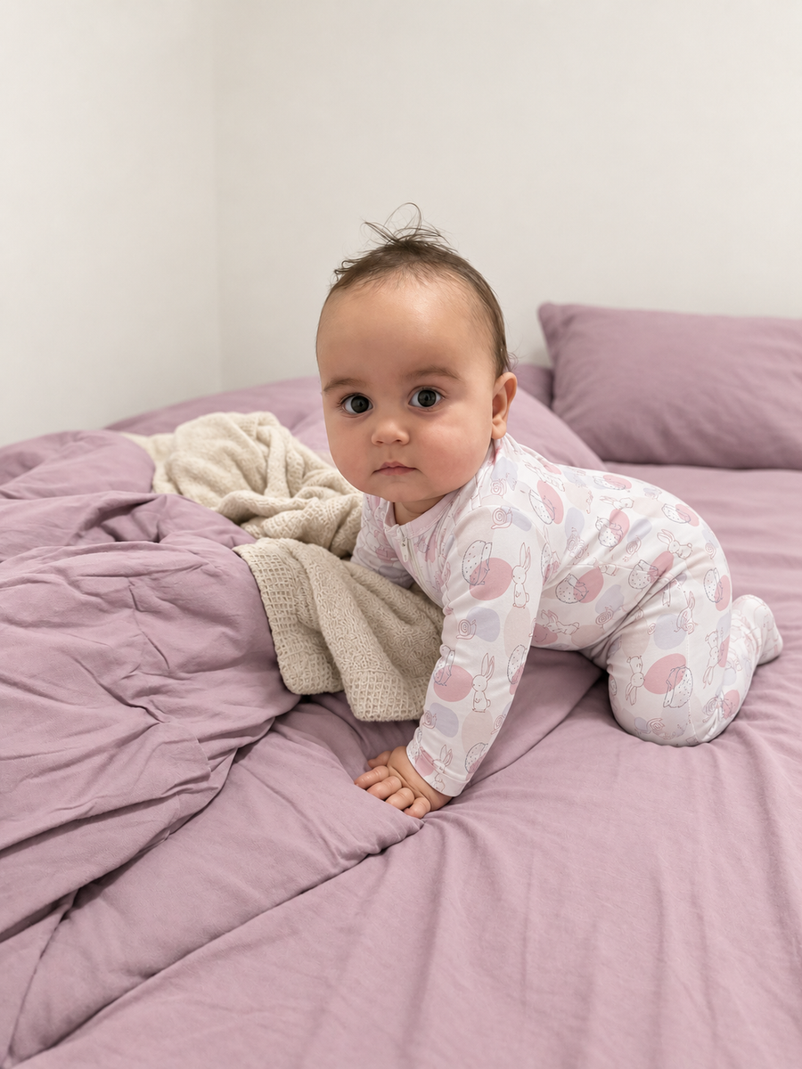 Jordan modeling the Rabbit Footed Romper by GentleNest Co.