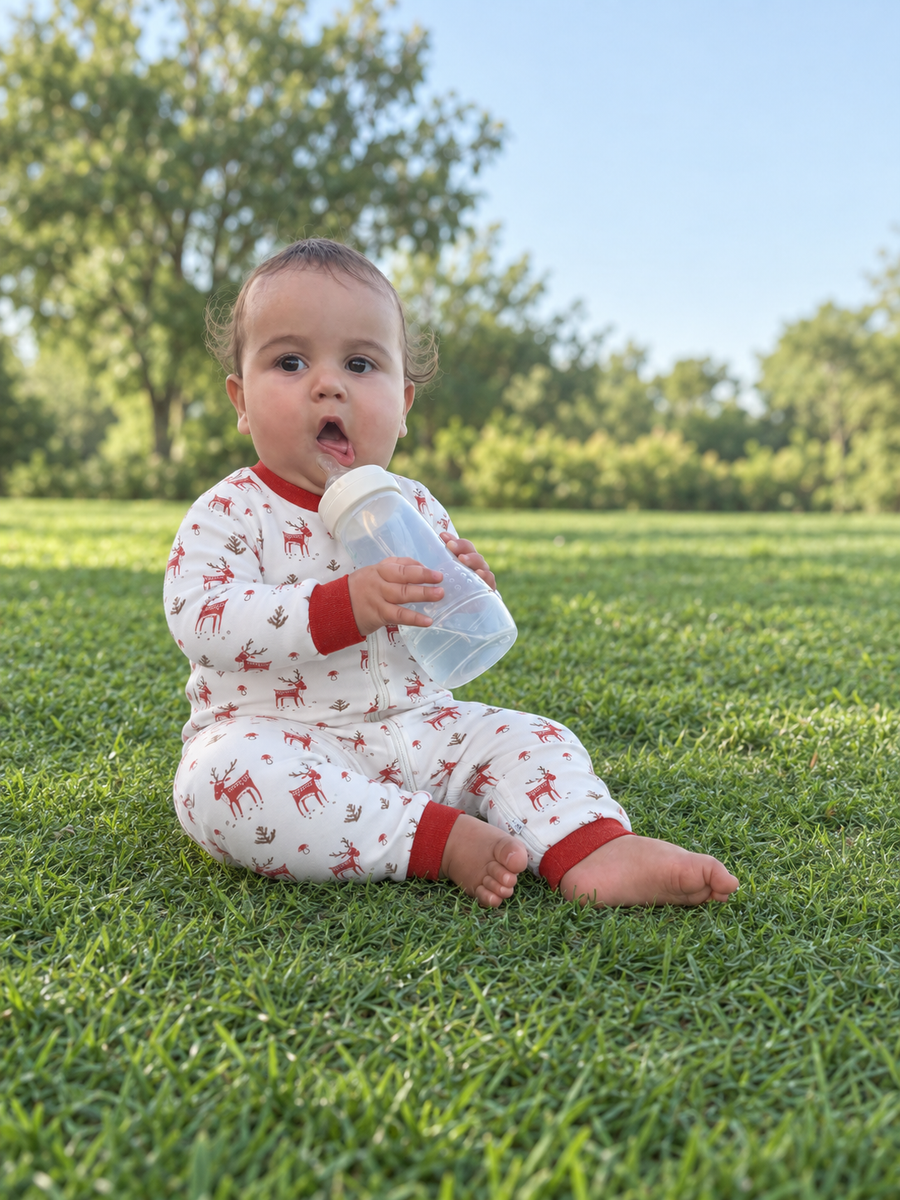 Jordan modeling the Red Woodland Romper by GentleNest Co.