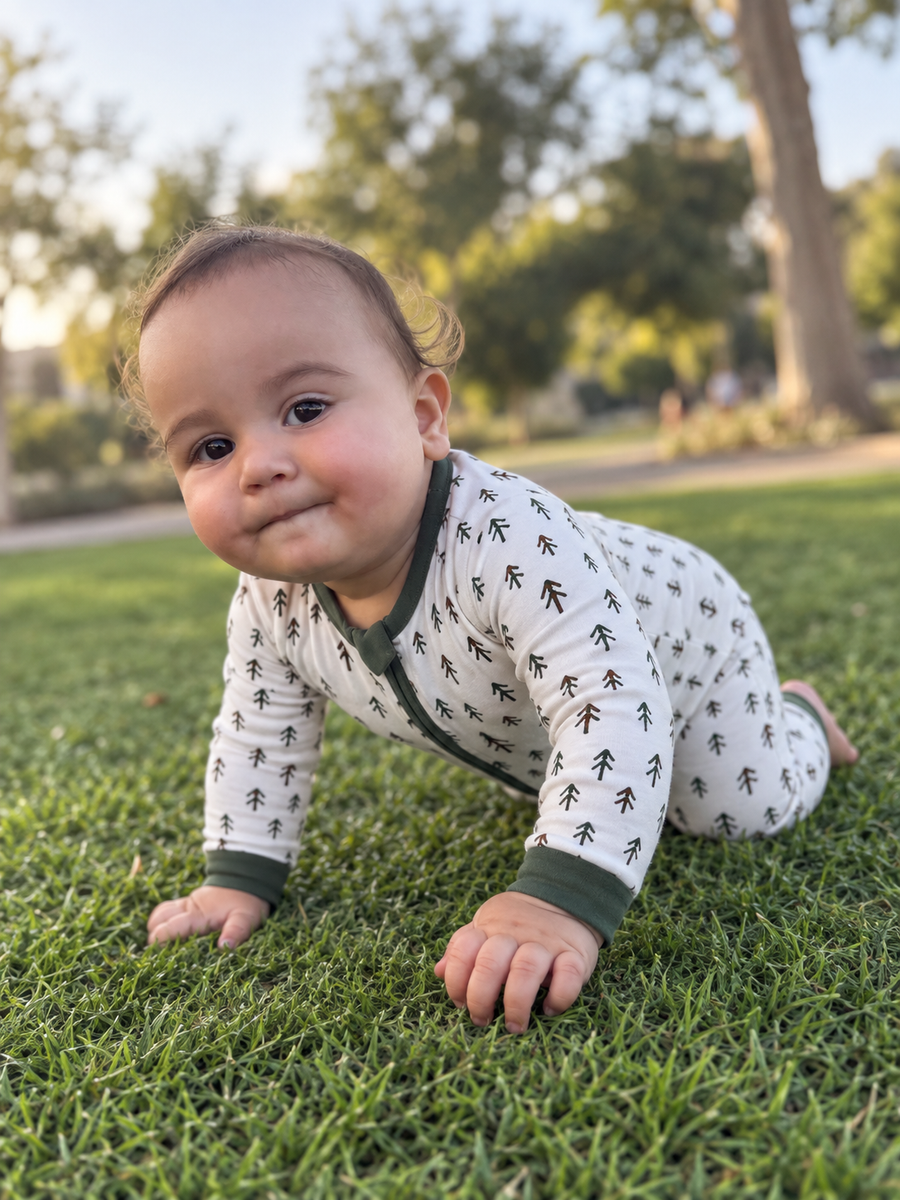 Jordan modeling the Tiny Pines Romper by GentleNest Co.