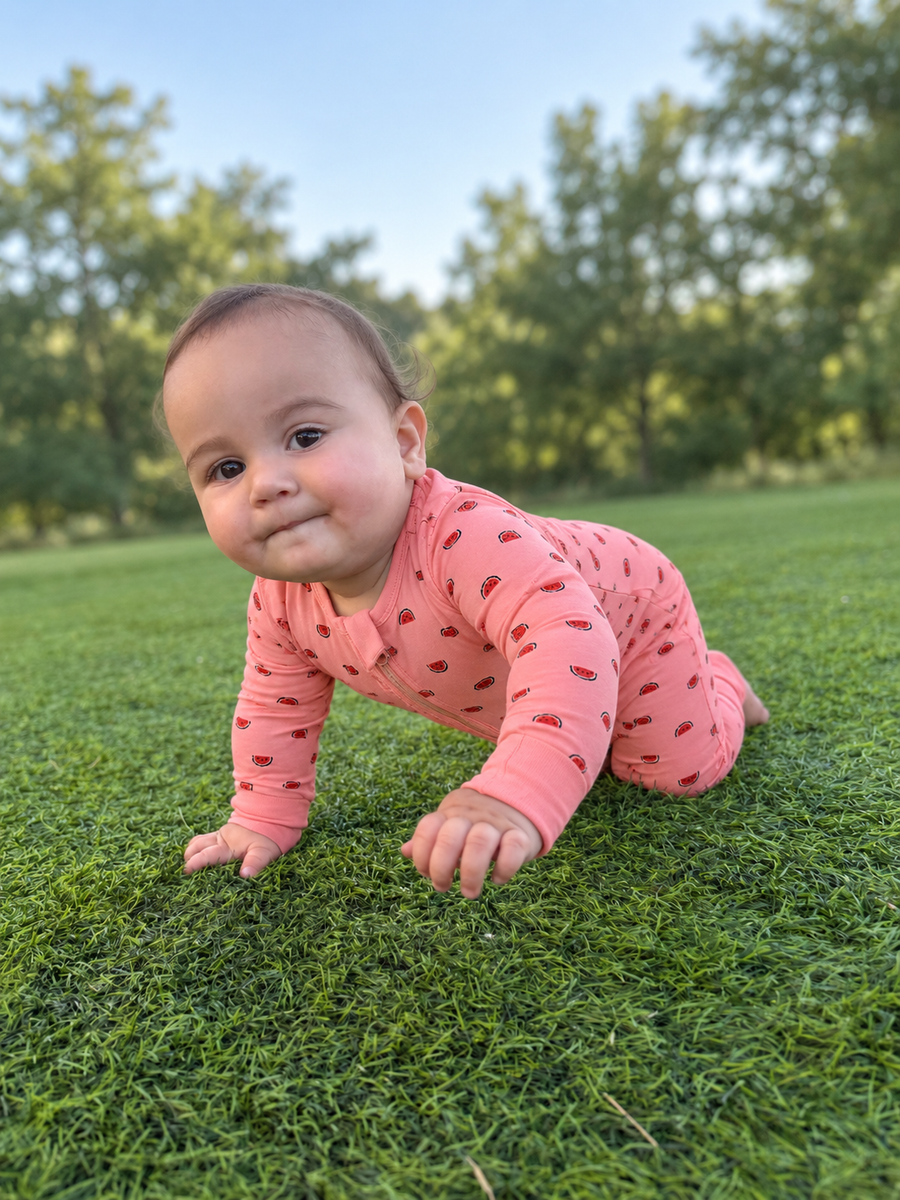 Jordan modeling the Watermelon Mini Romper by GentleNest Co.