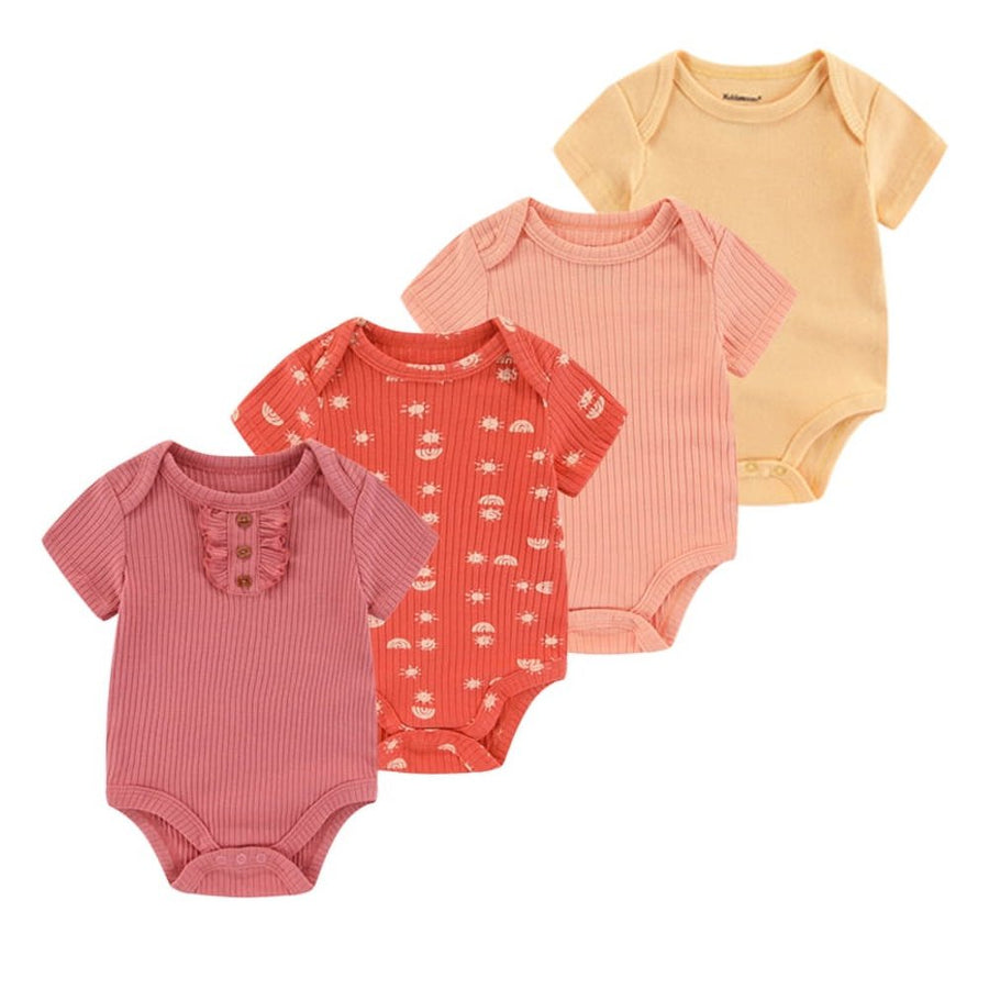Red, pink and cream four-pack of short-sleeve baby bodysuits