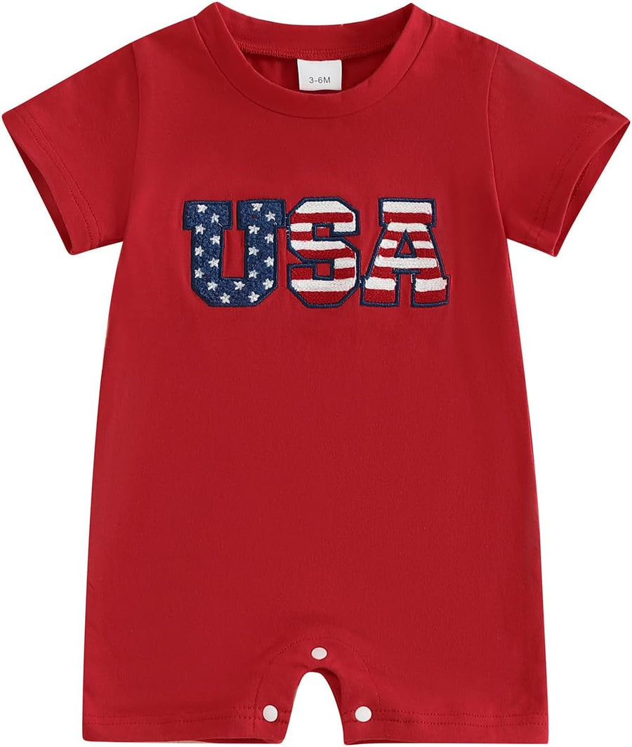 Red short-sleeve baby romper with embroidered USA appliqué and snap closure