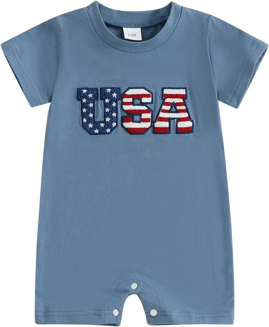 Blue short-sleeve baby romper with embroidered USA appliqué and snap closure