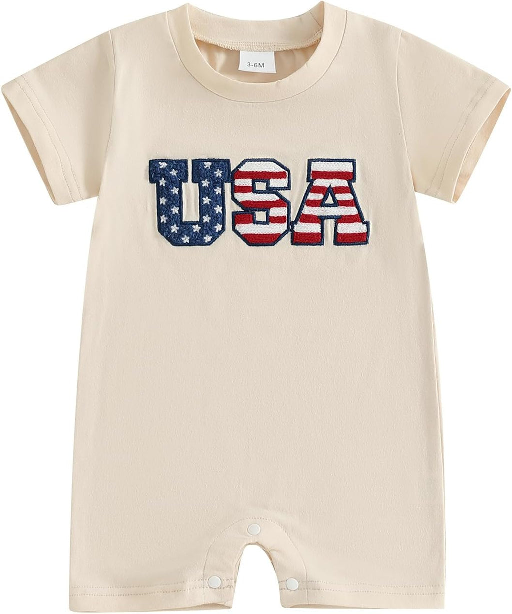 Beige short-sleeve baby romper with embroidered USA appliqué and snap closure