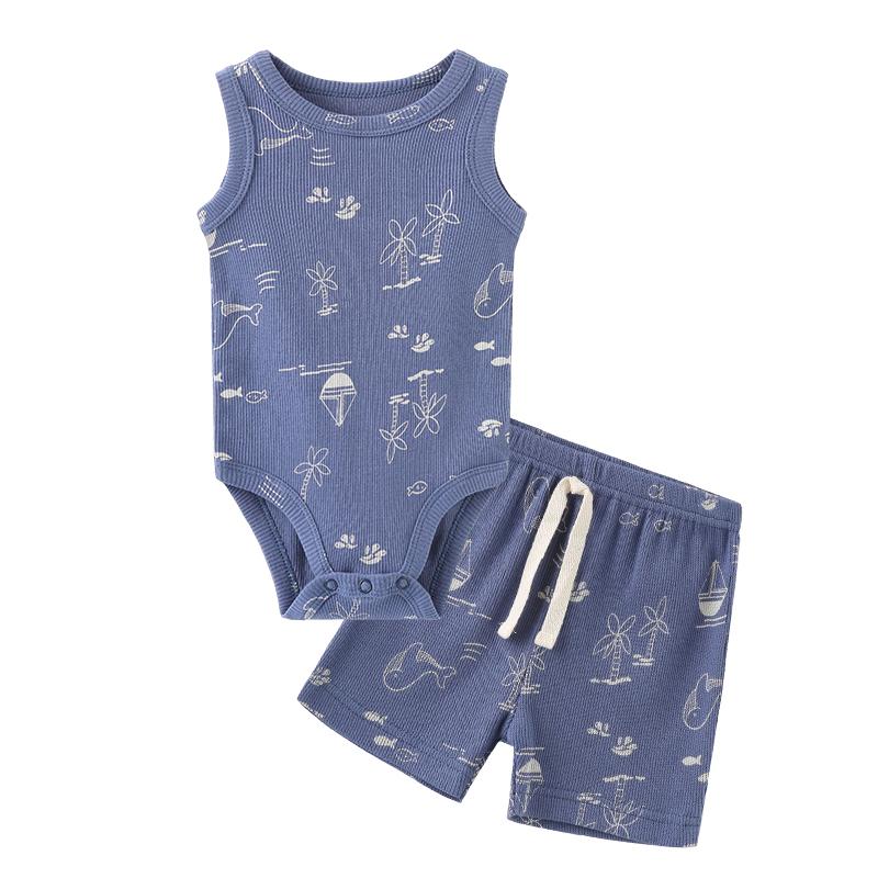 Blue whale-print baby bodysuit and shorts set
