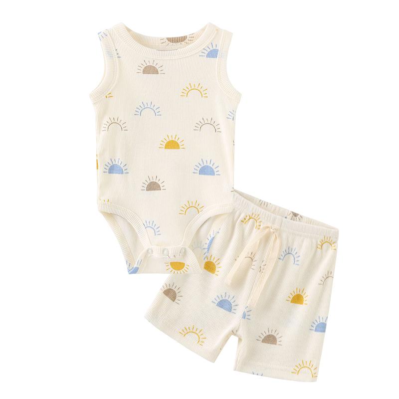 Blue sun-print baby bodysuit and shorts set