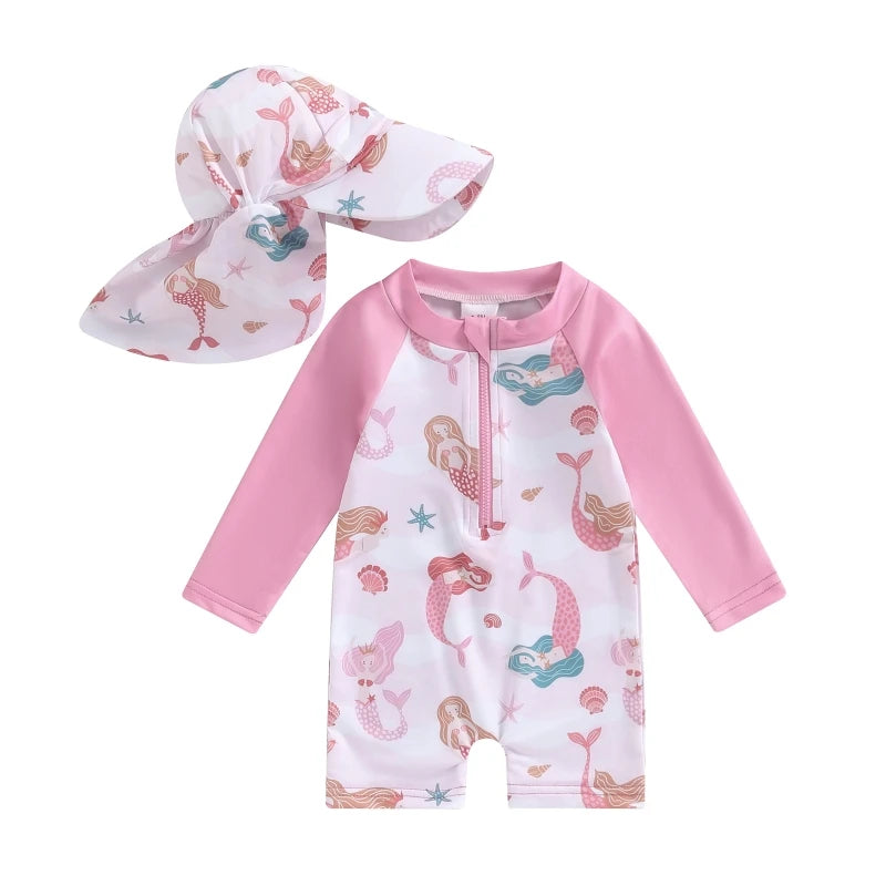 Floral Zip-Up Baby Swimwear Set with Matching Hat