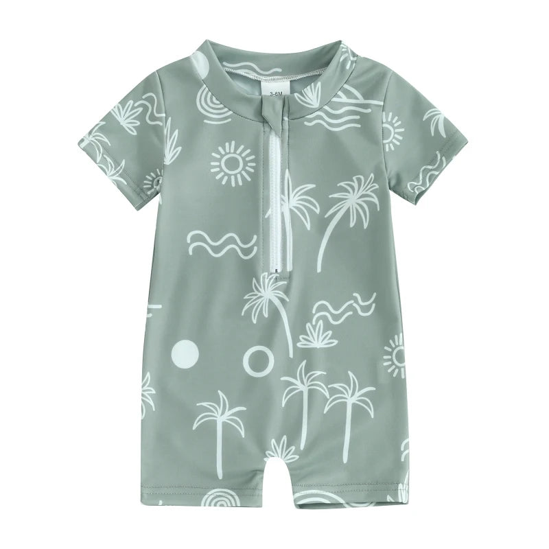Baby Boys Summer Swimwear Beach Swimming Suit Cute Sea Element Prints Zipper Short Sleeve Monokini Swimsuit