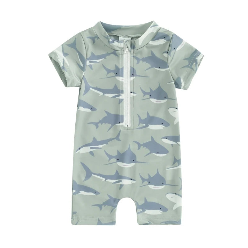 Baby Boys Summer Swimwear Beach Swimming Suit Cute Sea Element Prints Zipper Short Sleeve Monokini Swimsuit