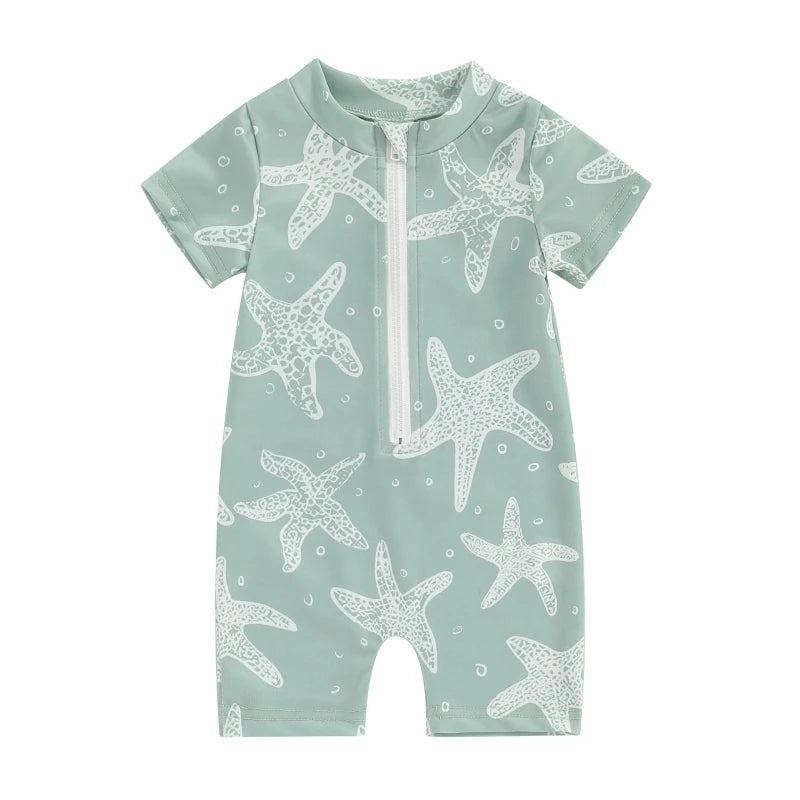 Baby Boys Summer Swimwear Beach Swimming Suit Cute Sea Element Prints Zipper Short Sleeve Monokini Swimsuit