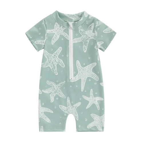 Baby Boys Summer Swimwear Beach Swimming Suit Cute Sea Element Prints Zipper Short Sleeve Monokini Swimsuit
