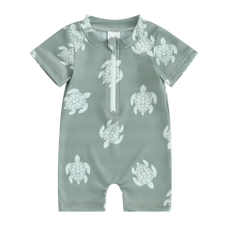 Baby Boys Summer Swimwear Beach Swimming Suit Cute Sea Element Prints Zipper Short Sleeve Monokini Swimsuit