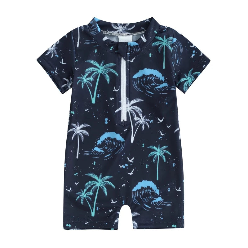 Baby Boys Summer Swimwear Beach Swimming Suit Cute Sea Element Prints Zipper Short Sleeve Monokini Swimsuit