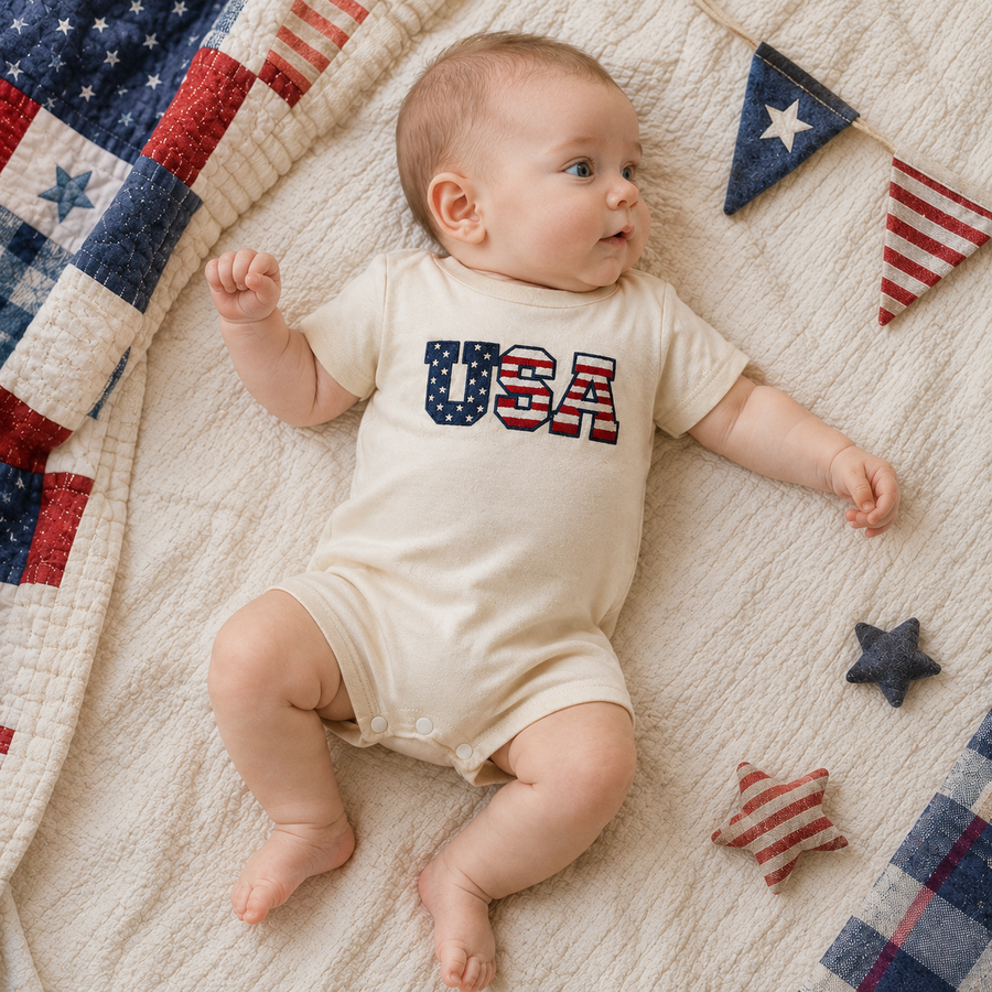 USA Appliqué Short Sleeve Baby Romper - Beige, product view 2