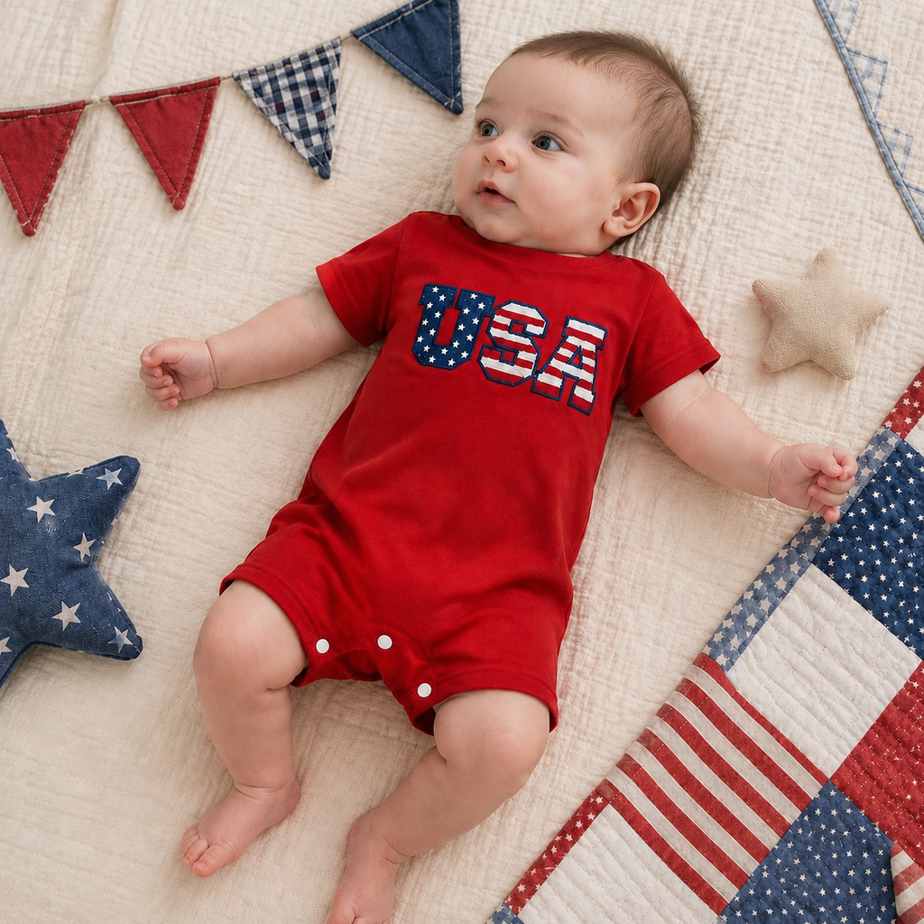 USA Appliqué Short Sleeve Baby Romper - Red