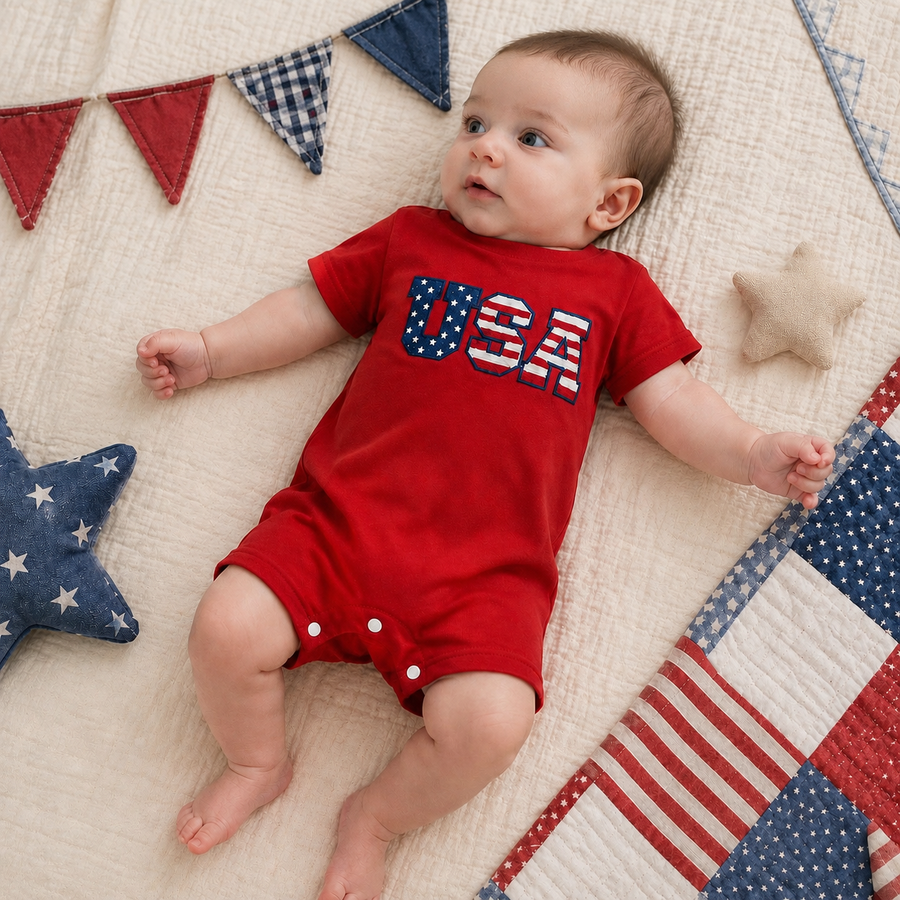 USA Appliqué Short Sleeve Baby Romper - Red, product view 2