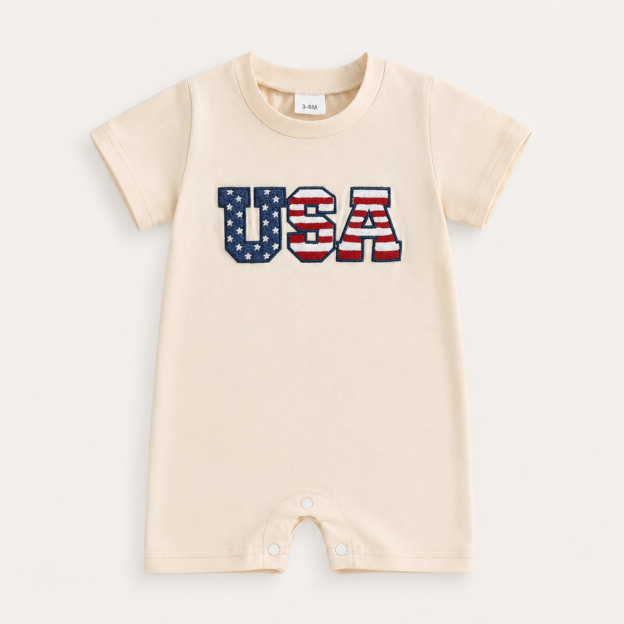 USA Appliqué Short Sleeve Baby Romper - Beige, product view 3