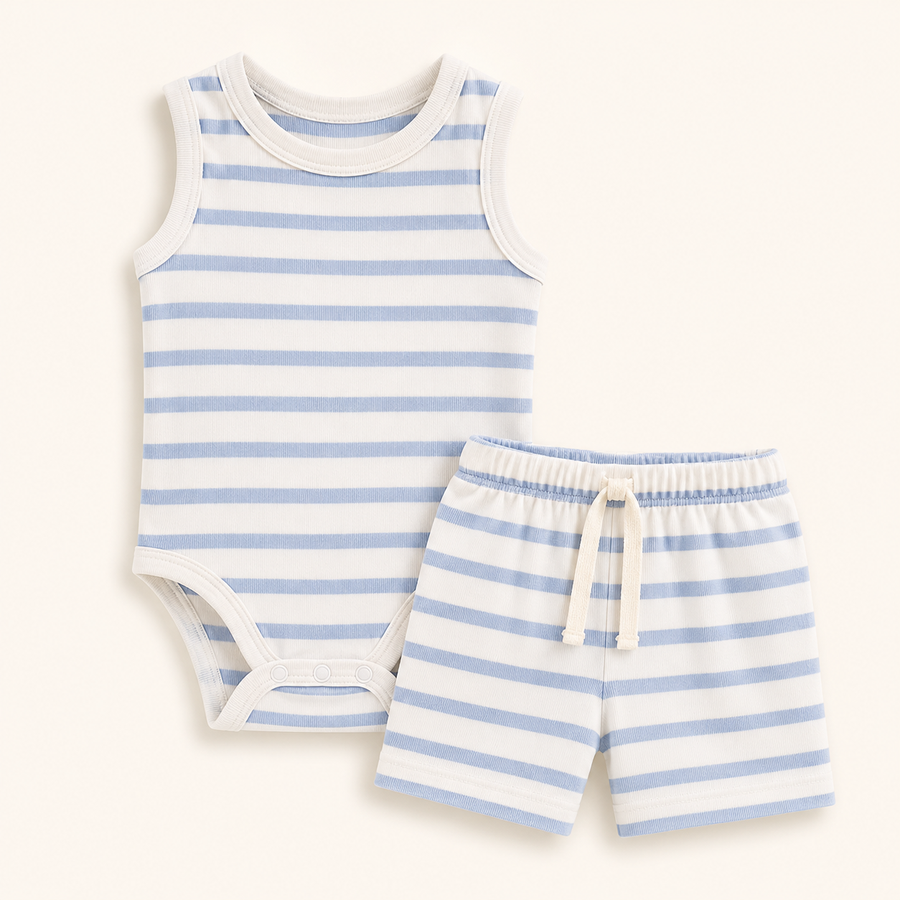 Sunny Days Bodysuit & Shorts Set - Blue Stripes, product view 2