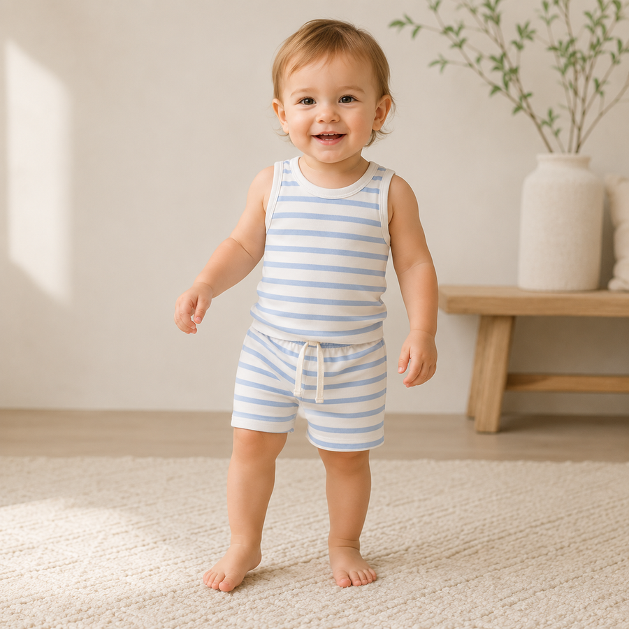 Sunny Days Bodysuit & Shorts Set - Blue Stripes, product view 3