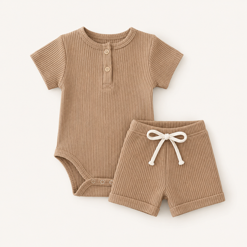 Everyday Ribbed Baby Bodysuit & Shorts Set - Khaki, product view 2