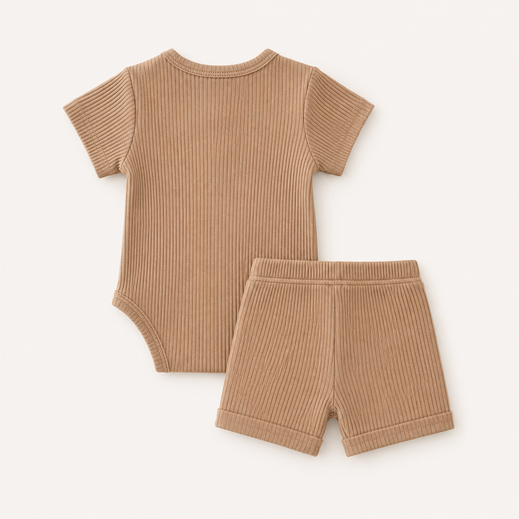Everyday Ribbed Baby Bodysuit & Shorts Set - Khaki