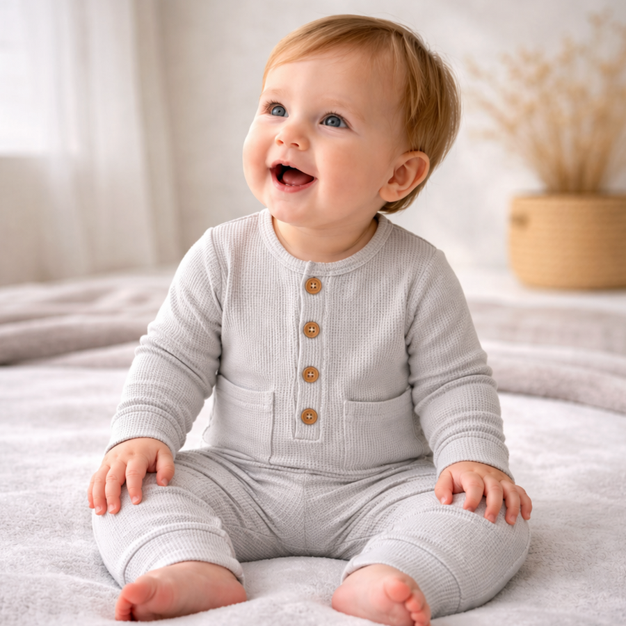 Waffle Knit Pocket Romper - Light Gray, product view 2