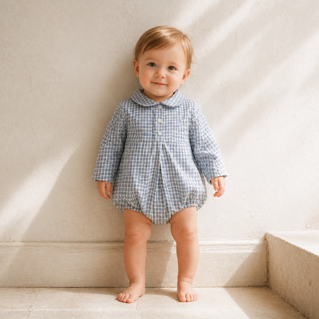 Petite Check Collar Romper - Blue