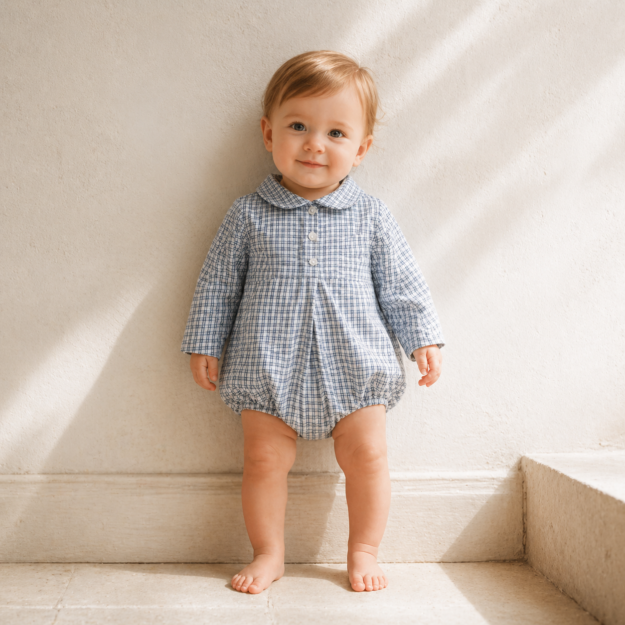Petite Check Collar Romper - Blue