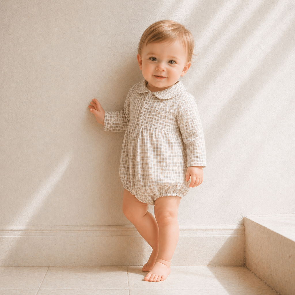Petite Check Collar Romper - Khaki