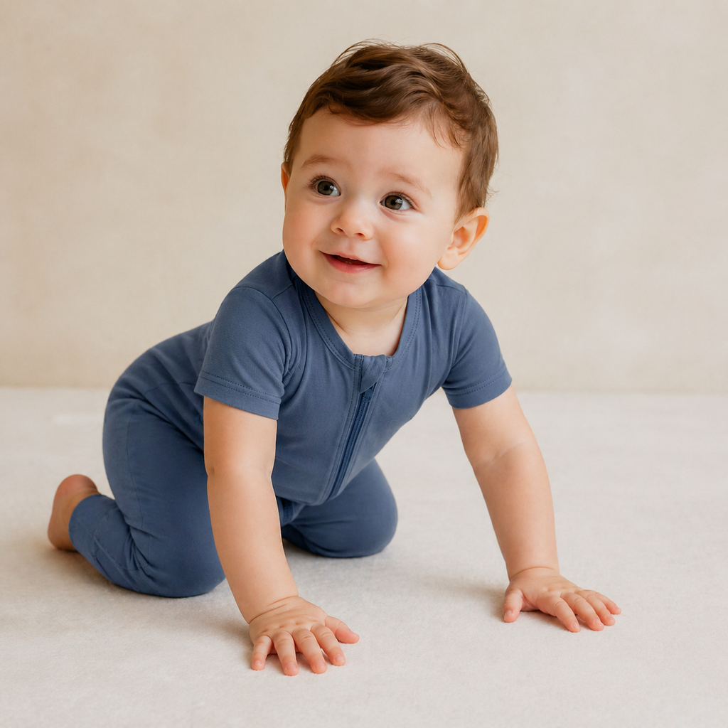 Bamboo Short Sleeve Zip Romper - Deep Blue