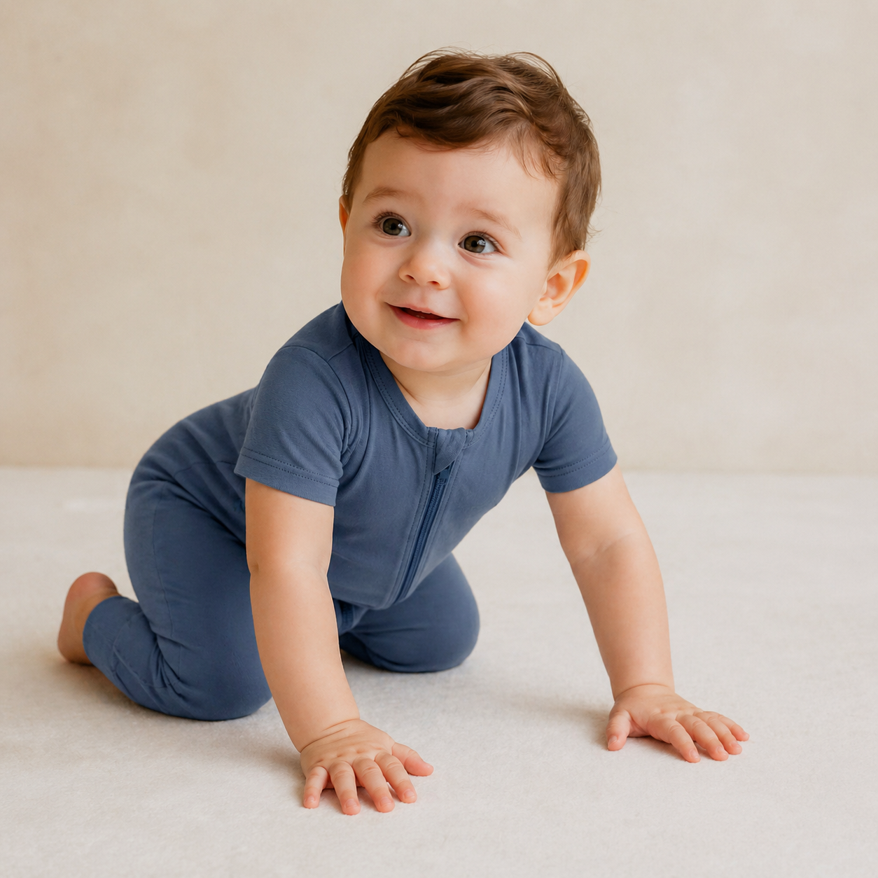 Bamboo Short Sleeve Zip Romper - Deep Blue