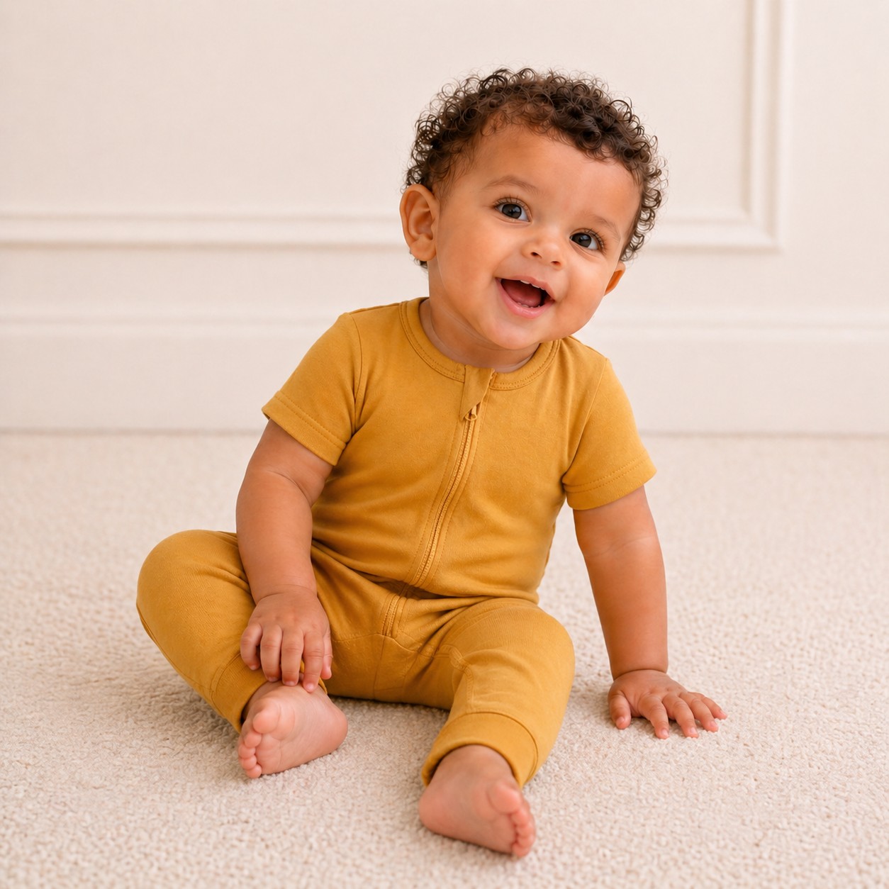 Bamboo Short Sleeve Zip Romper - Mustard