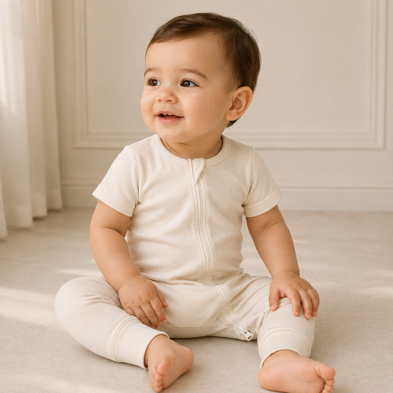 Bamboo Short Sleeve Zip Romper - Cream