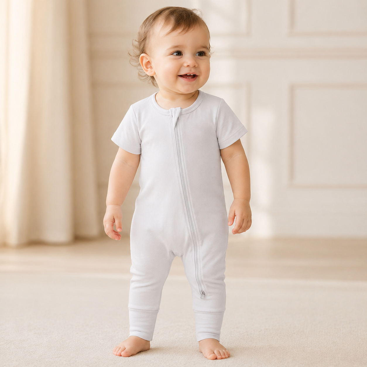 Bamboo Short Sleeve Zip Romper - Dusty Blue