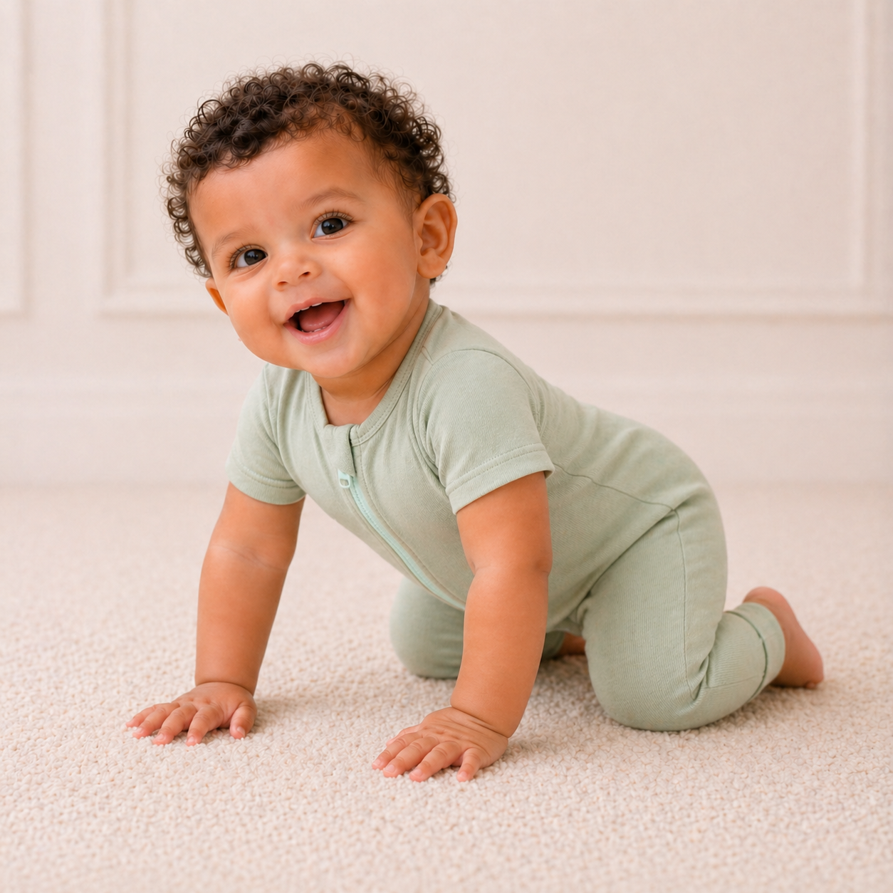 Bamboo Short Sleeve Zip Romper - Sage