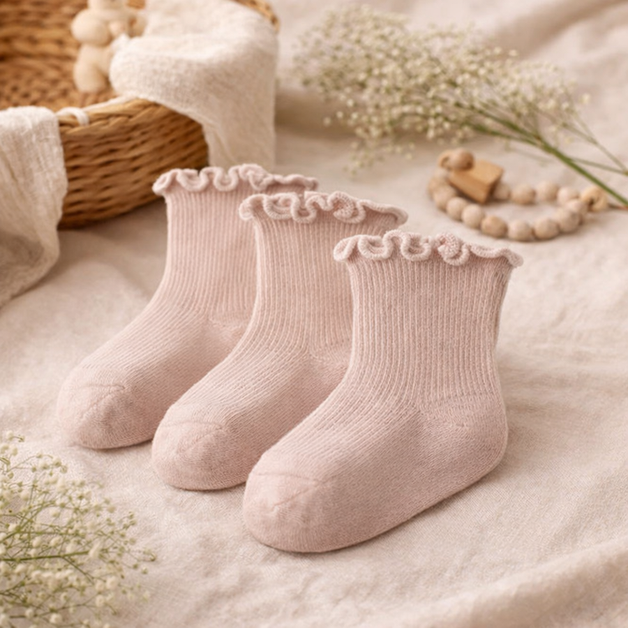 Frilled Rib Baby Socks 3-Pair Set - Pink, product view 2