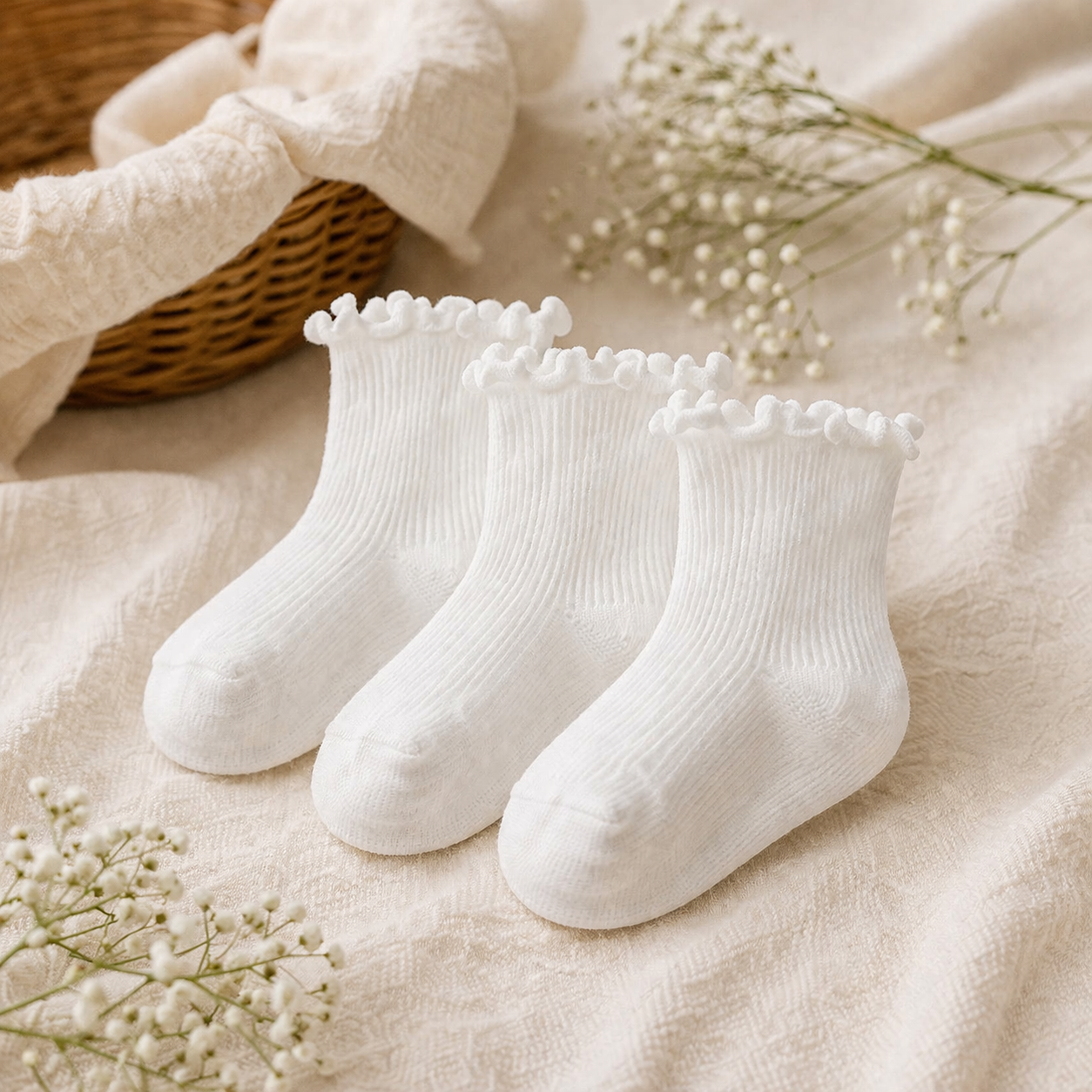 Frilled Rib Baby Socks 3-Pair Set - White
