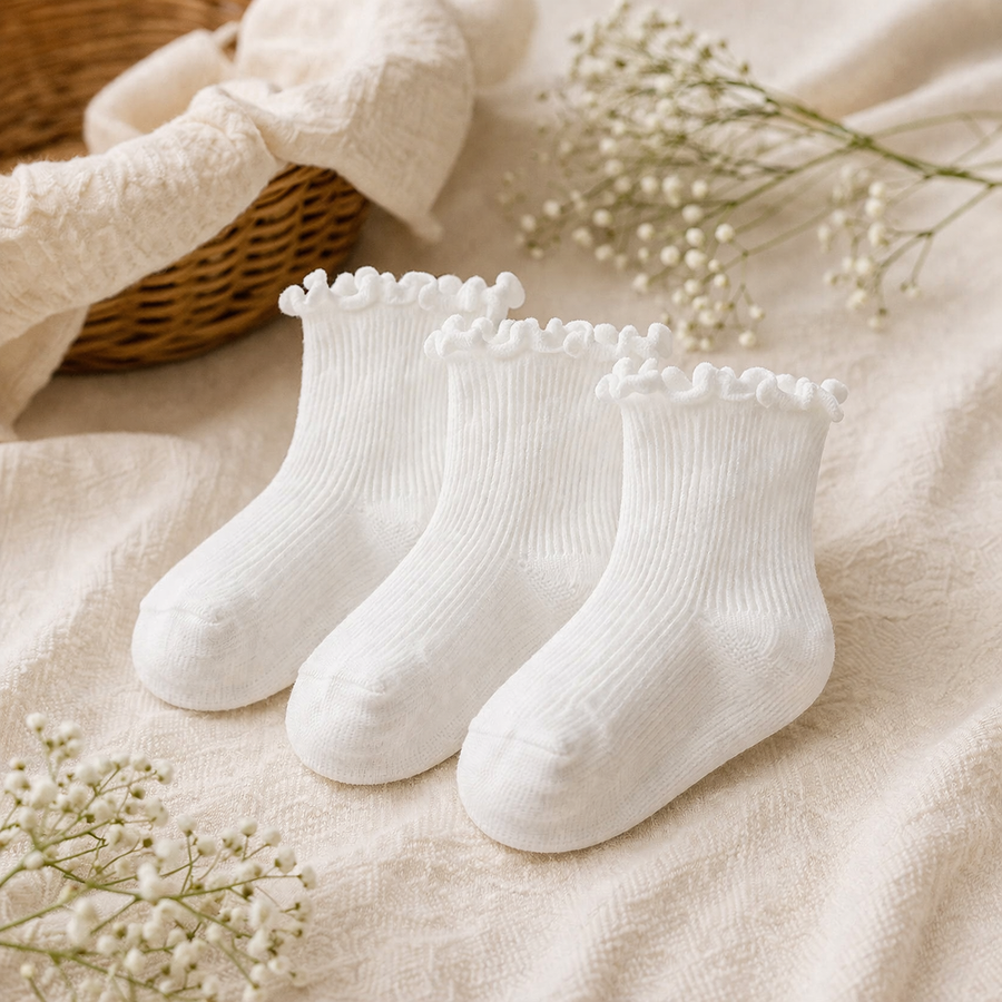 Frilled Rib Baby Socks 3-Pair Set - White, product view 2