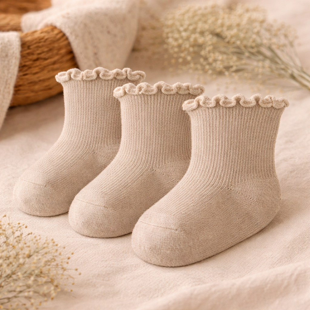 Frilled Rib Baby Socks 3-Pair Set - Soft Sand