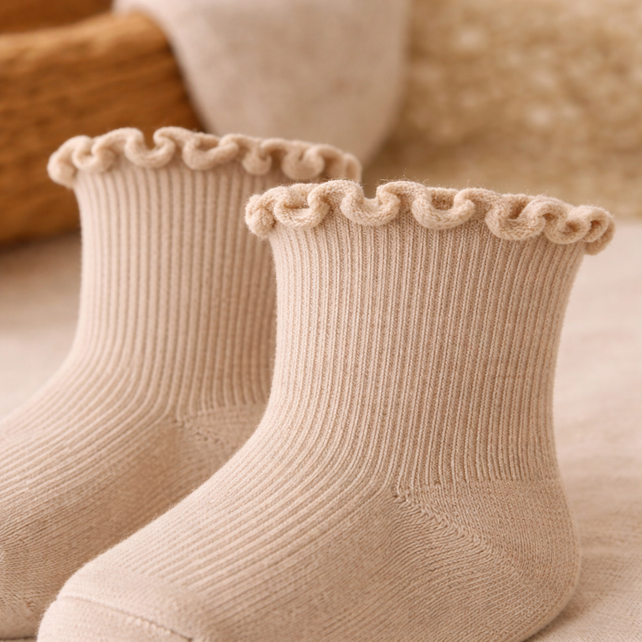 Frilled Rib Baby Socks 3-Pair Set - Soft Sand, product view 3