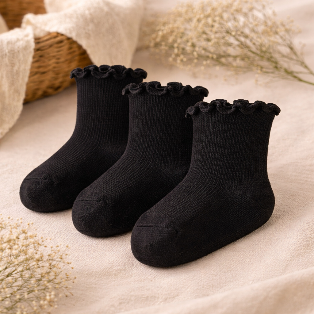 Frilled Rib Baby Socks 3-Pair Set - Black