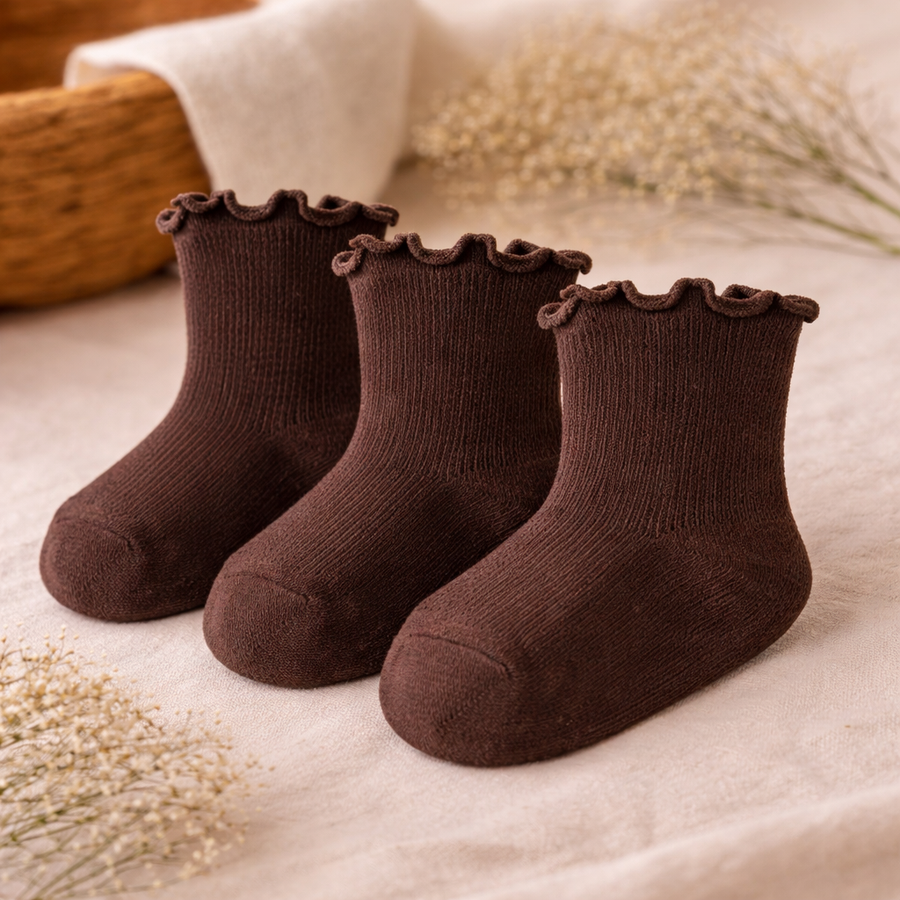 Frilled Rib Baby Socks 3-Pair Set - Brown, product view 2