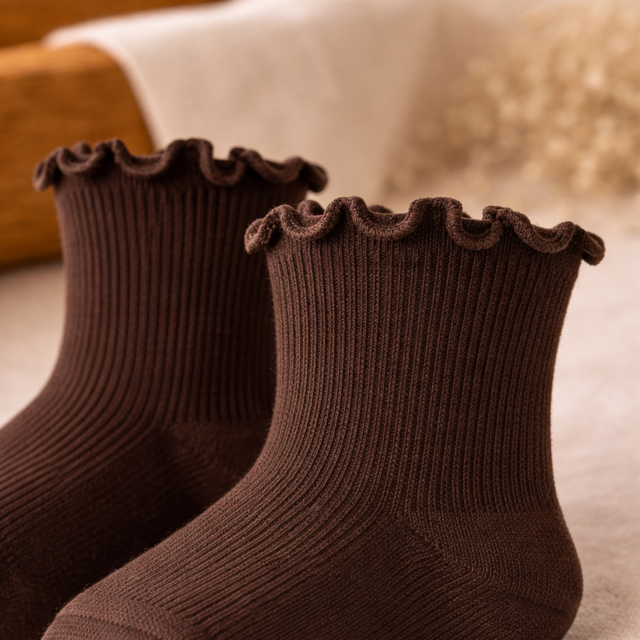 Frilled Rib Baby Socks 3-Pair Set - Brown, product view 3