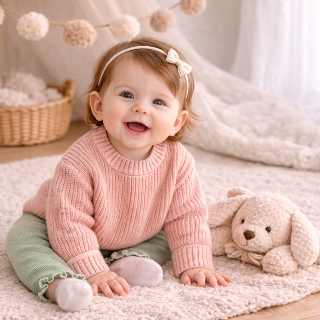 Baby in a pink sweater sitting on a rug with a teddy bear, surrounded by soft decor.
