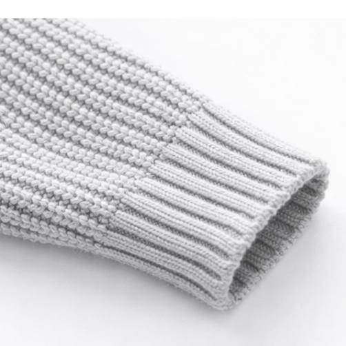 Close-up of a gray knit sweater on a white background