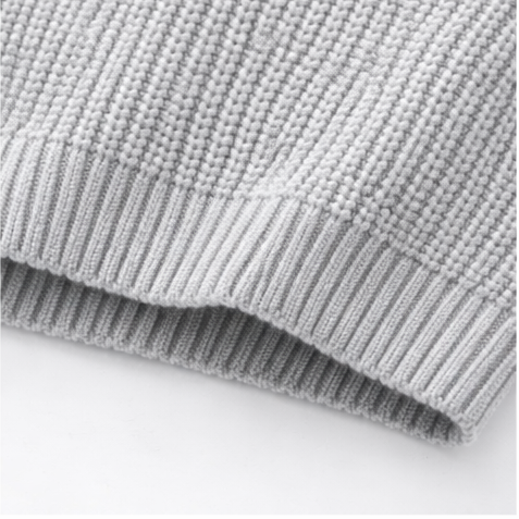 Close-up of a gray knit sweater on a white background