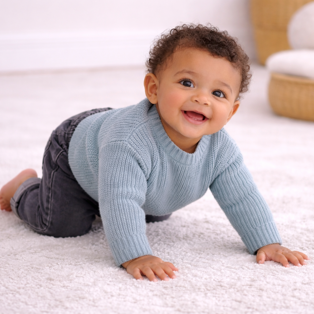 Baby crawling on a carpeted floor wearing a blue sweater and gray pants.